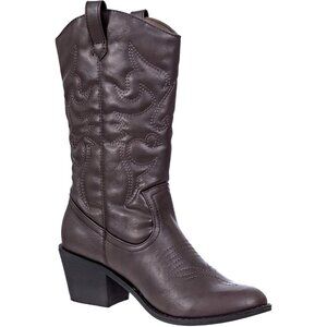 Women's Brown Mid Calf Boot Embroidered Stiching Western Cowgirl Boots Low Heel